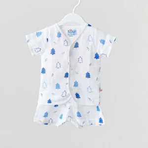 firstin blue fir tree white base muslin jabla shorts set half sleeve